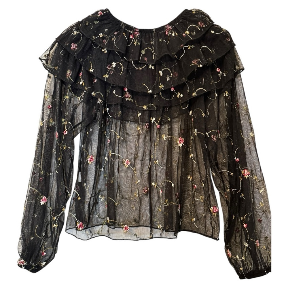 Zara‎ Floral Embroidered Black Sheer Top